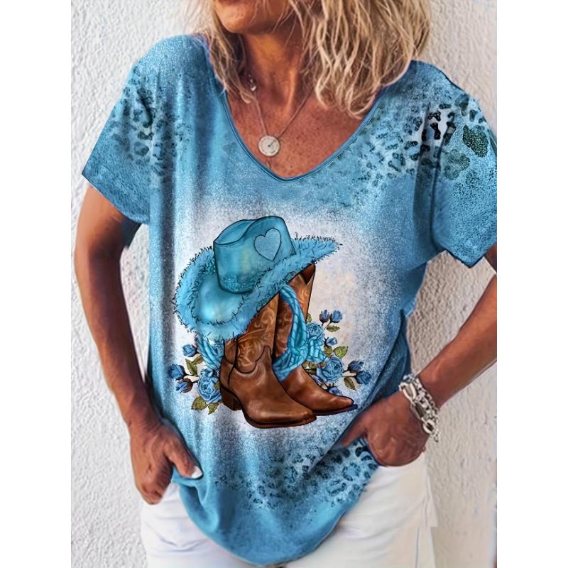 Sommer Damen T-Shirt Western Cowboy Stiefel mit Blumendruck Retro Mode Lässig Oversized V-Ausschnitt Damenbekleidung