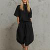 European and American Cross-border Women's Clothing Summer Casual Suit Semi-zipper Shirt Short-sleeved Top Drawstring Wide-leg Cropped Pants Two-piece