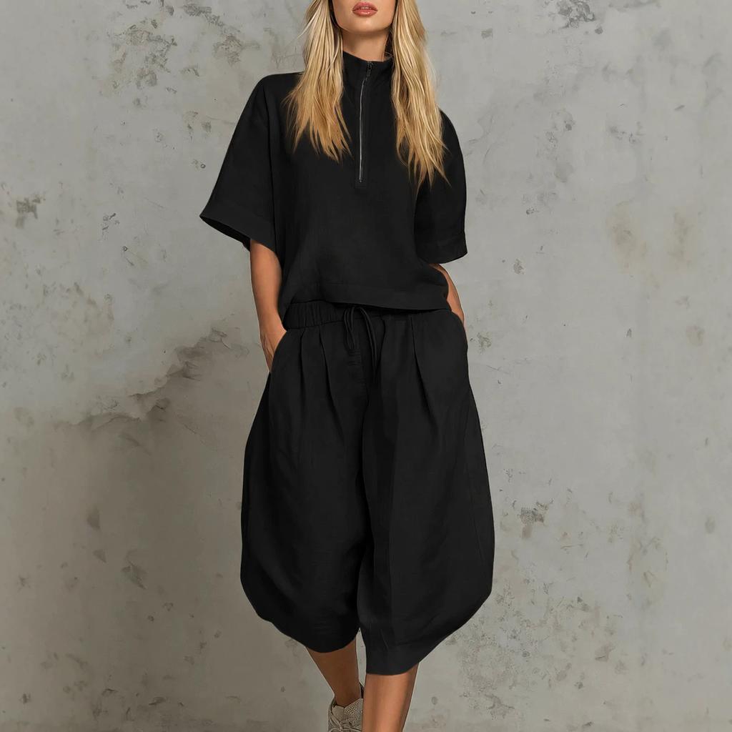 European and American Cross-border Women's Clothing Summer Casual Suit Semi-zipper Shirt Short-sleeved Top Drawstring Wide-leg Cropped Pants Two-piece