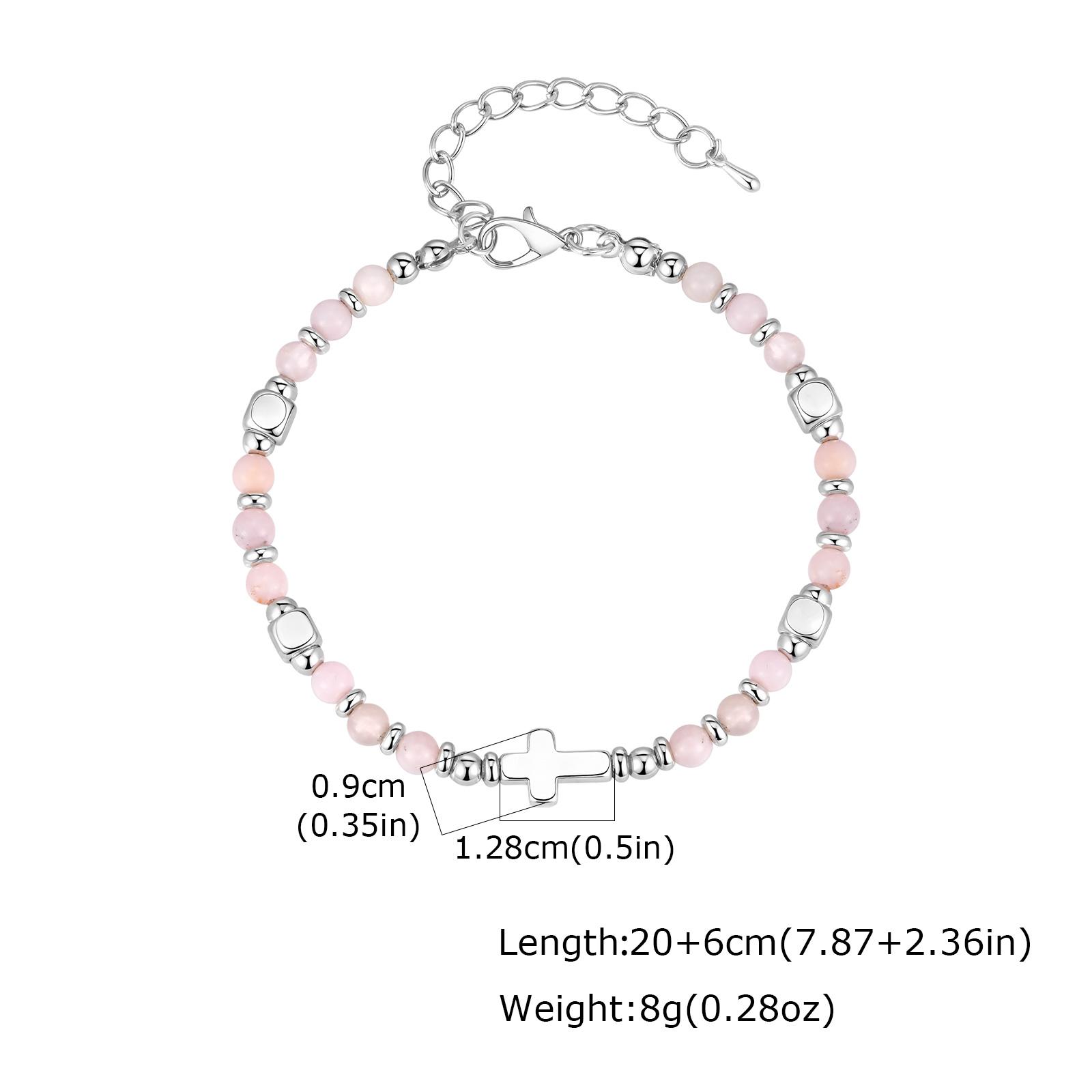 

Religious Cross Pink Crystal Natural Stone Beads Chain Bracelet for Women Christian Faith Jewelry Easter Baptism Gift