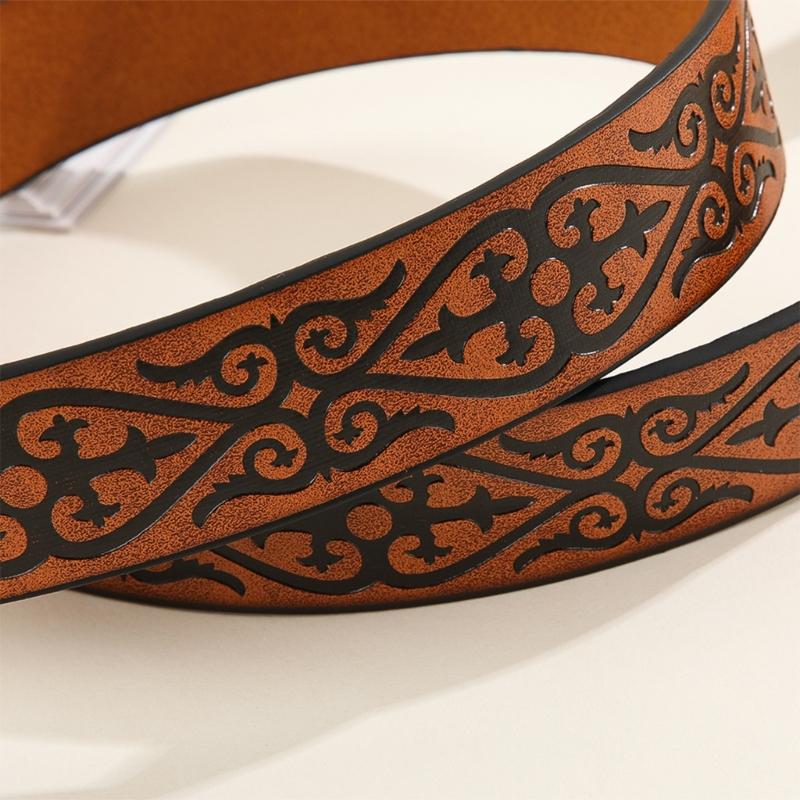 Vintage Men Teens Relief Bull Head Waist Belt PU Embossed Pattern Cowboy Belt