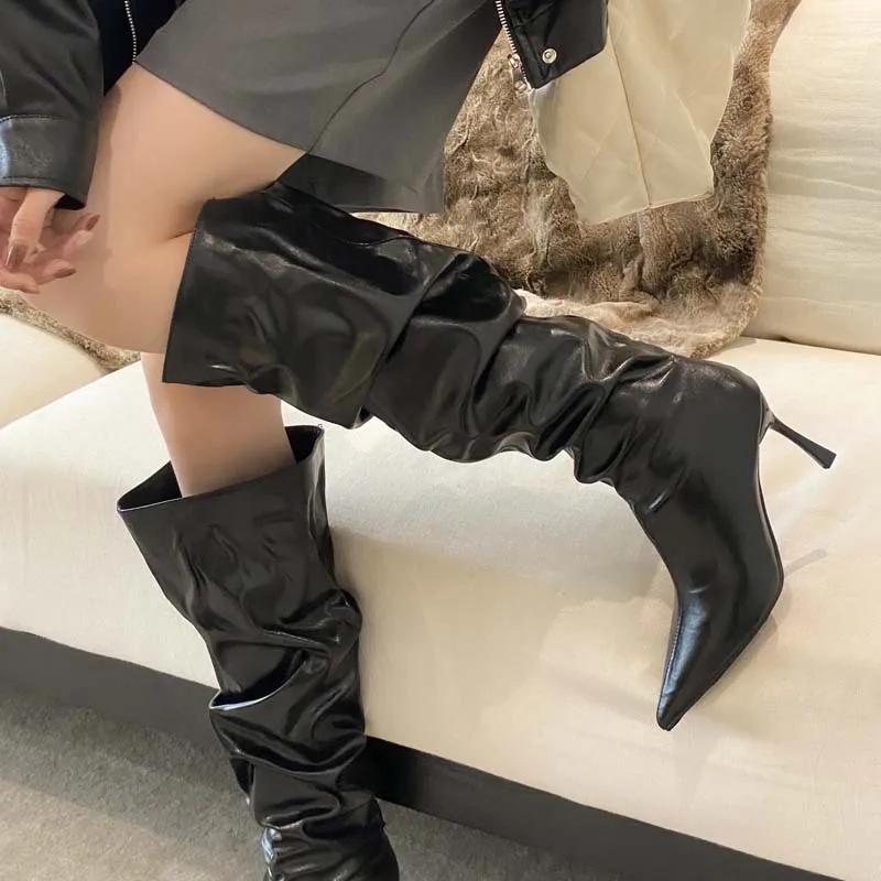 Fashion Eilyken Winter Gold Silver Pleated Pointed Toe Woman Knee-High Boots Designer Thin High Heels Stripper Shoes Botas Mujer