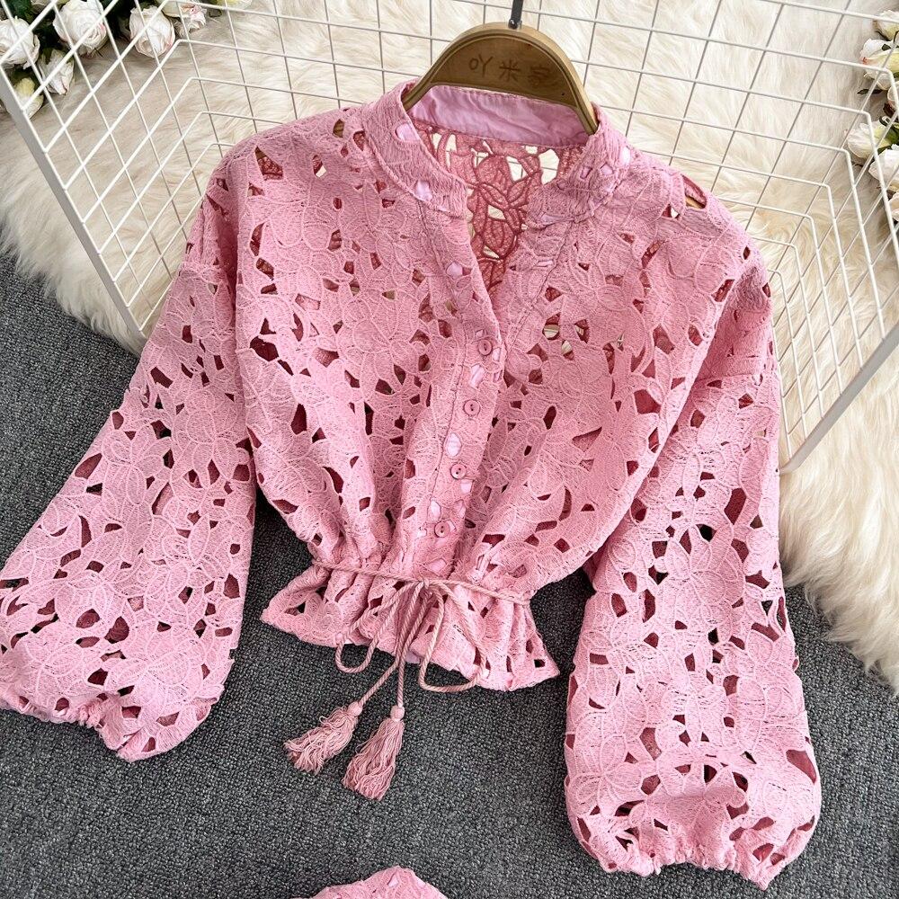 Retro Temperament V-neck Hollow Embroidered Lantern Sleeve Short Shirt Women's Two-piece Hit High Waist Slim A-line Skirt