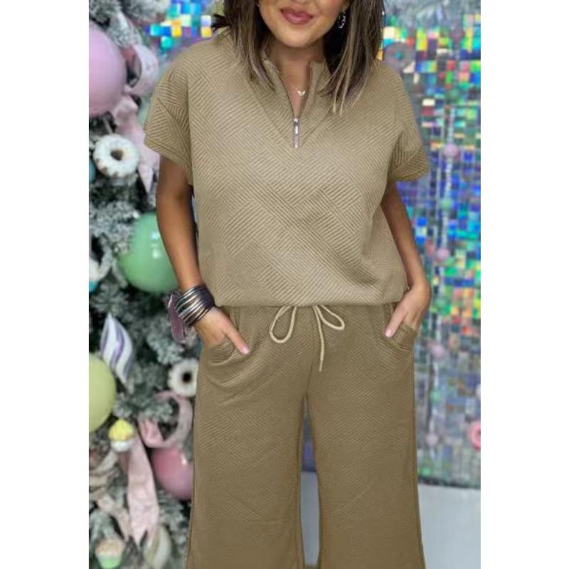 Women's Fashion Casual Summer Spring Solid Color Print Short Sleeve V-Neck Trousers Pants Suits