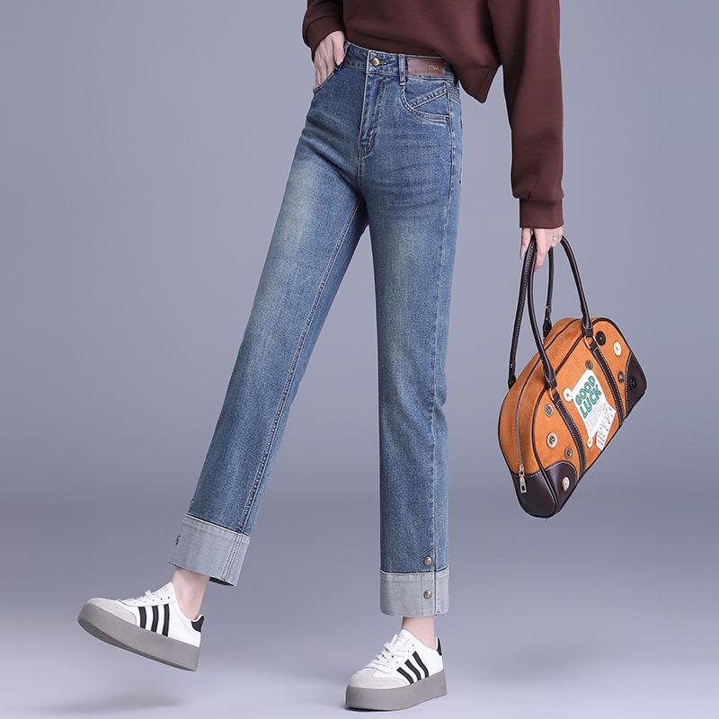 Women's High Waist Slim Fit Retro Jeans - Spring/Autumn Stretch Narrow & Straight Petite Length