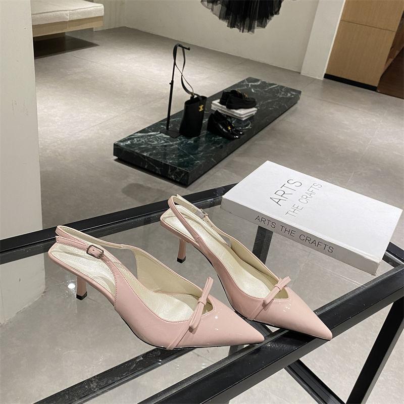 Pointed High Heels Niche Temperament Single Shoes Women's 2025 New Patent Leather Bow Sweet Thin Middle Heel Bag Head Sandals