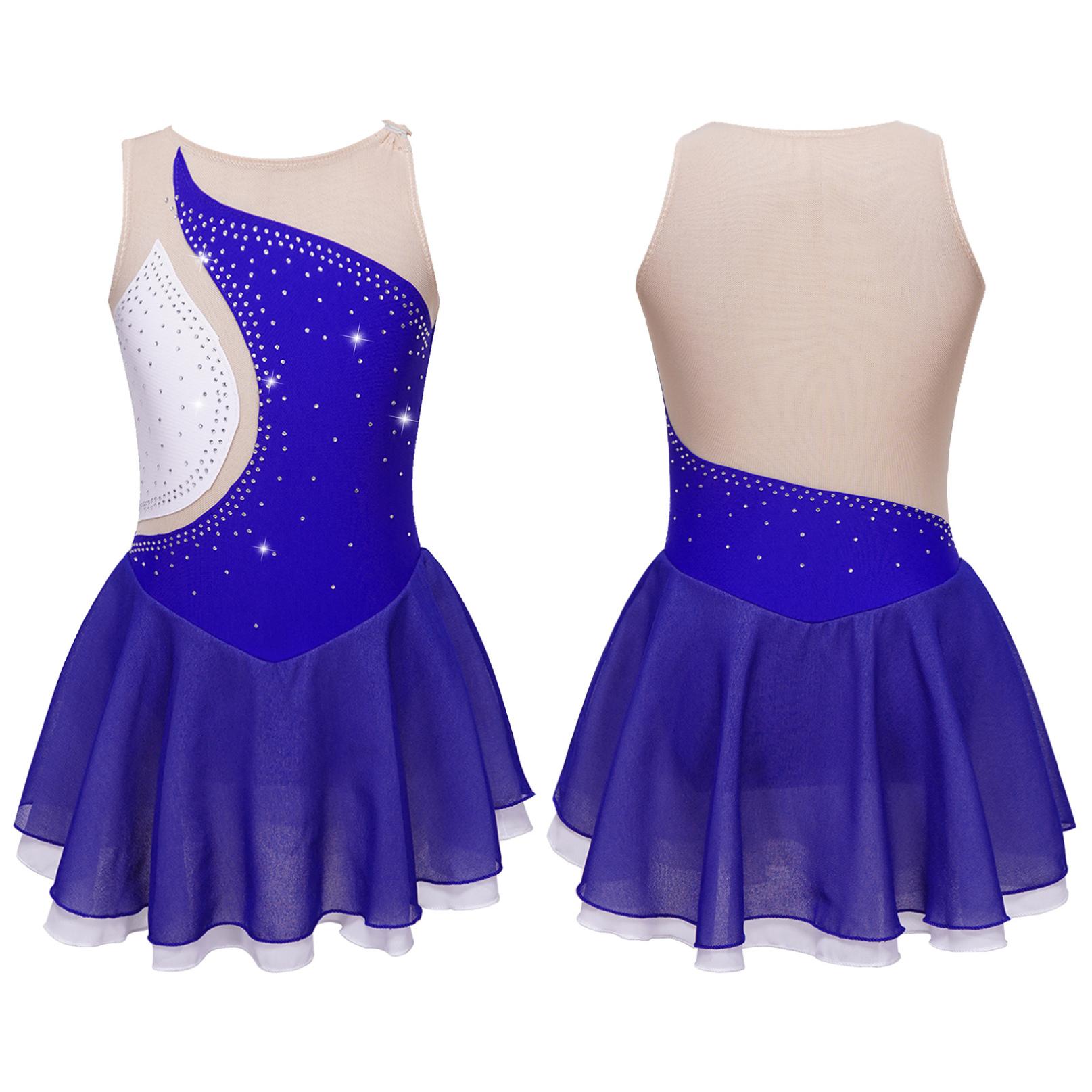 Mädchen-Eiskunstlaufkleid, ärmelloses Ballett-Trikotkleid mit Strass, Wettkampfkostüm, Gymnastikanzug 15-16 Years königsblau