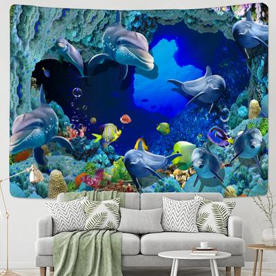 Bottlenose Dolphin Tapestry Wall Hanging Cartoon Kawaii Kids Boho Hippie Aesthetic Room Art Home Decor