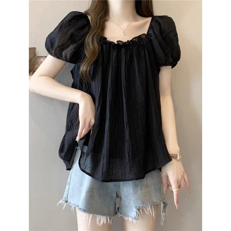 

Bubble Sleeve Women s Short Sleeved Tops French Elegant Women s T-shirt Summer Sweet Versatile Ladies Clothing S чорний