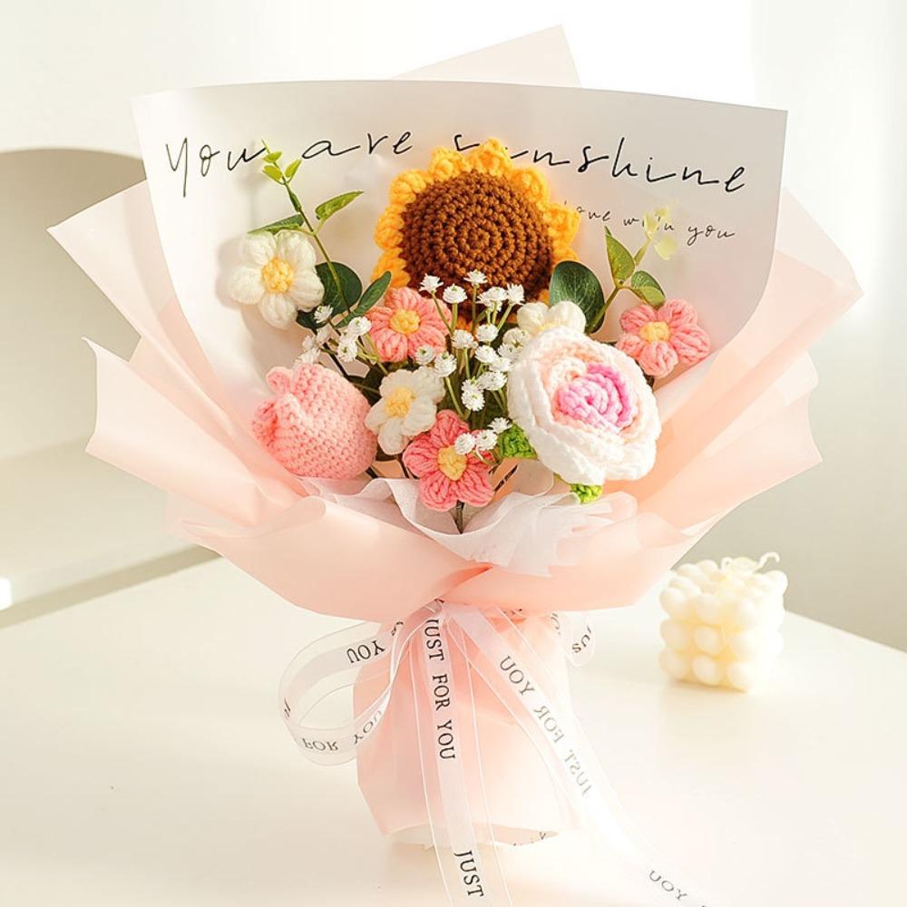 New Cotton Crochet Bouquet Sunflower Rose Woven Knitted Flower DIY Handmade Artificial Handmade Woven Bouquet Graduation Gifts