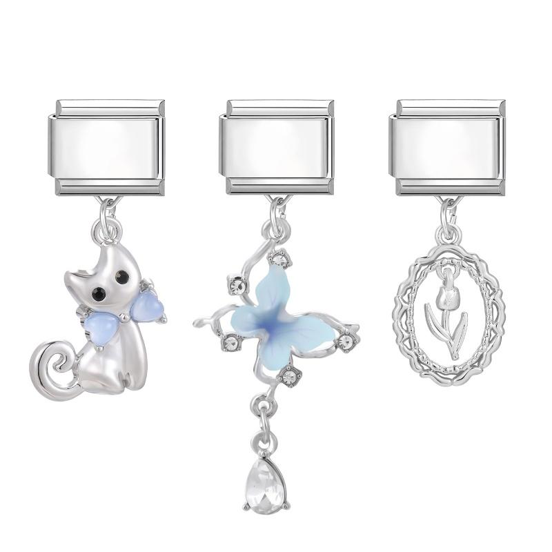 3Pcs/Set Brilliant Butterfly Moon Cherry Flowers Pendant Italian Charm Links Fit 9mm Stainless Steel Bracelet DIY Making Gift