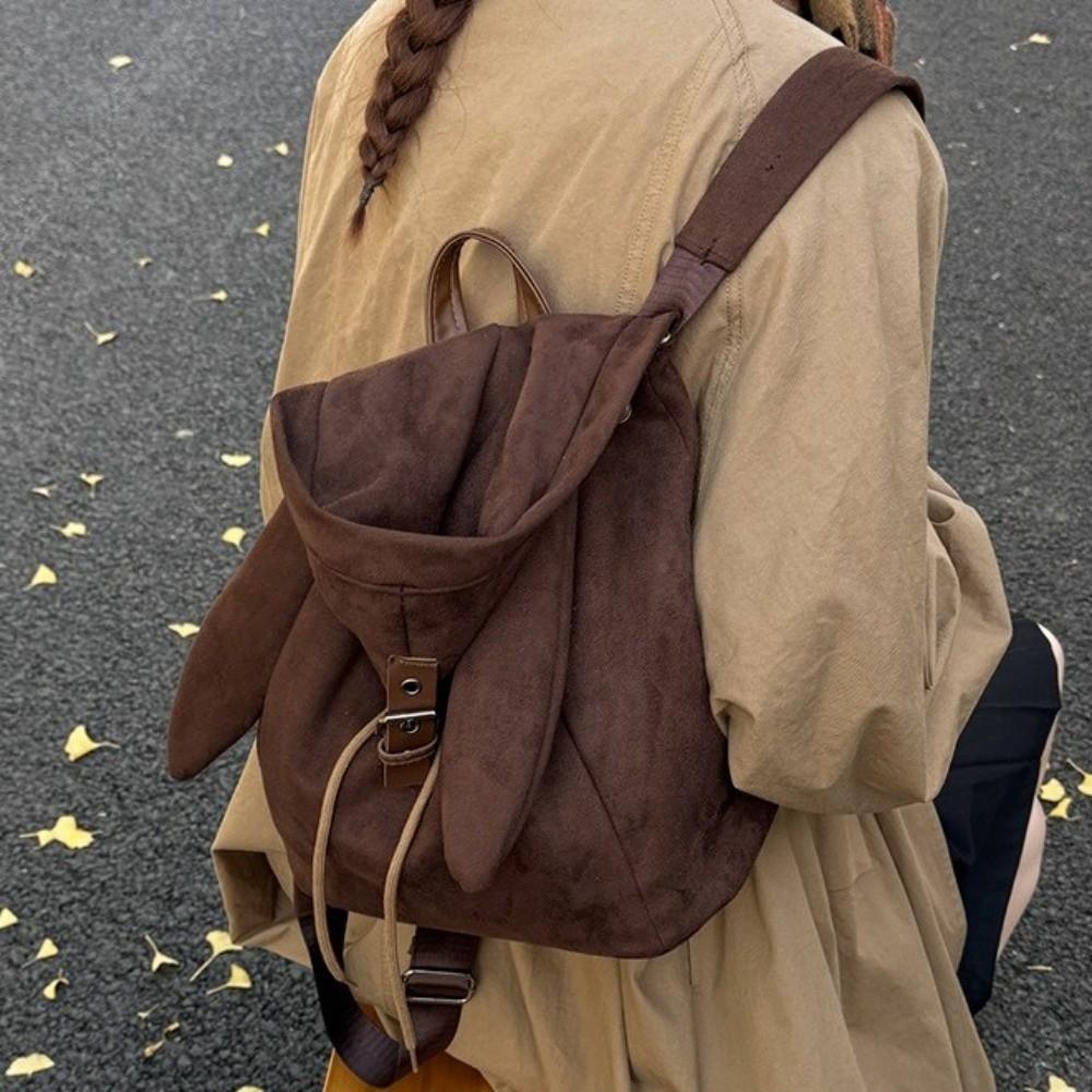 Unique Hooded Ears Backpack Bunny Ear High Capacity Cute Drawstring Daypack Trendy Retro Fashionable School Bag Casual Outing