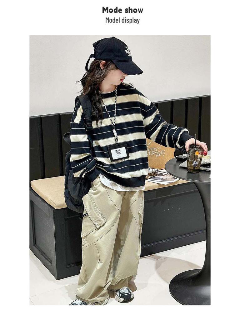 Modisches gestreiftes zweiteiliges Sweatshirt-Set für Mädchen für Frühling/Herbst 2025 - Trendige Kinderbekleidung