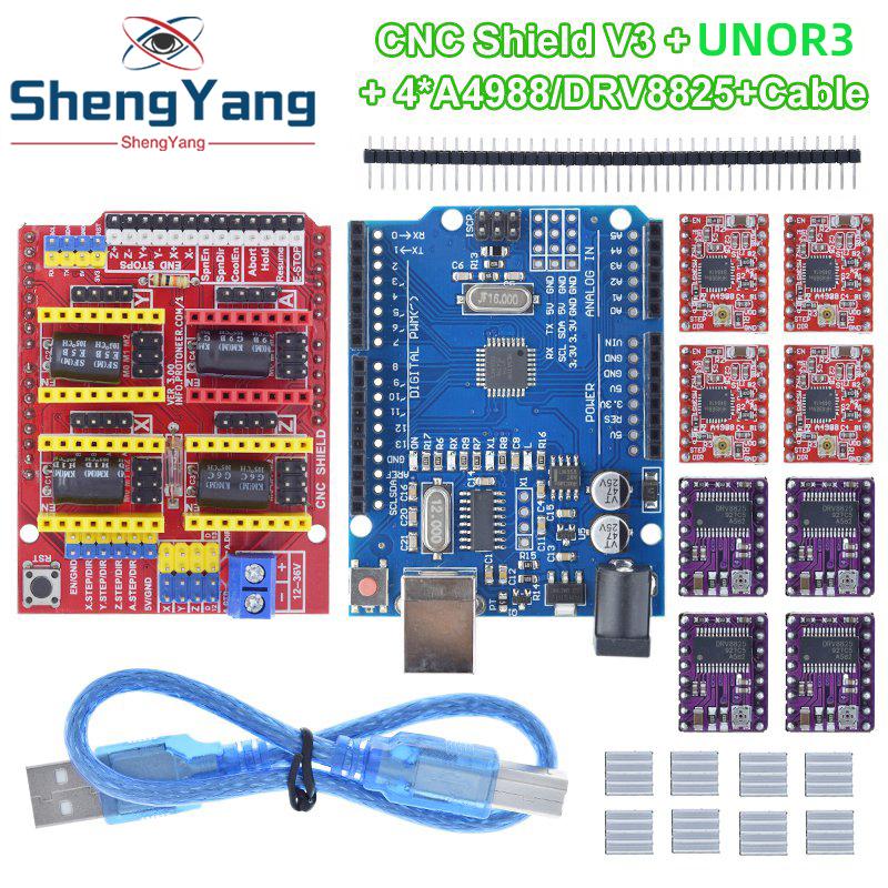 TZTUNO R3 Shield V3 Engraving Machine 3D Printe+ 4pcs DRV8825 Or A4988 Driver Expansion Board For Arduino With USB Cable