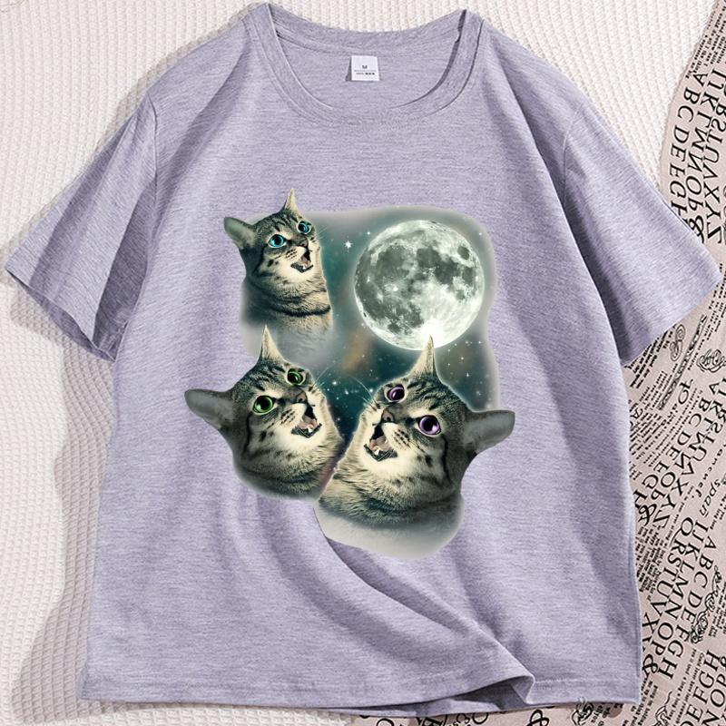 Three Cat Moon T Shirt Man Cotton Short Sleeve Funny Cat Parody Tshirt Wolf Moon Cat Cute Kitten Tshirt Male Clothes Tops