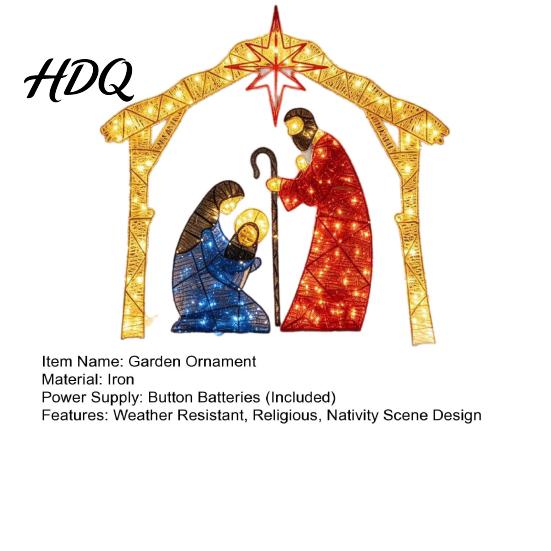 Festive Church Layout Ornament Lighted Nativity Garden Ornament Christmas Metal Yard Art with Glowing Bethlehem Star Statue LED Lights Light-Up