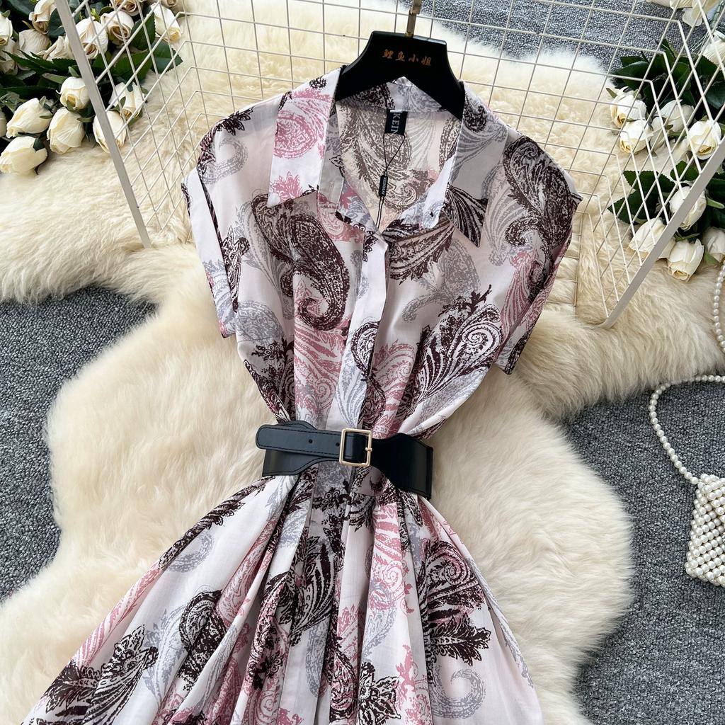 Summer Women Vintage Print Short Sleeve Turn-down Collar Single Breasted Long Midi Party Shirt Dresses with Belt