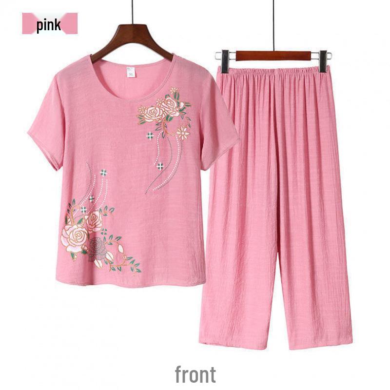 

Женский летний хлопково-льняной комплект из двух предметов с коротким рукавом: Топ и штаны для пижамы «Бабушка Мама». XL (suggested 70-95 jin)