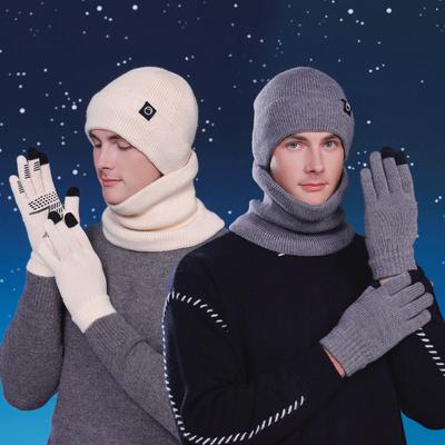 Ensemble Bonnet Gants Écharpe d'Hiver Velours Chaud Protection Oreilles Chapeau Laine Homme Anti-Froid Chapeau Tricoté
