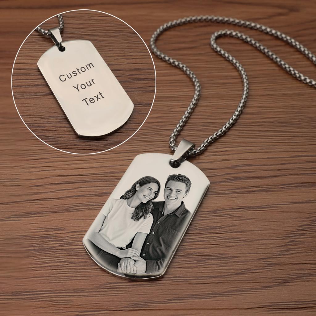 Pendentif Collier Personnalisé Photo et Message Porte-clés Plaque militaire, Collier Gravé avec Photo Cadeaux de Noël