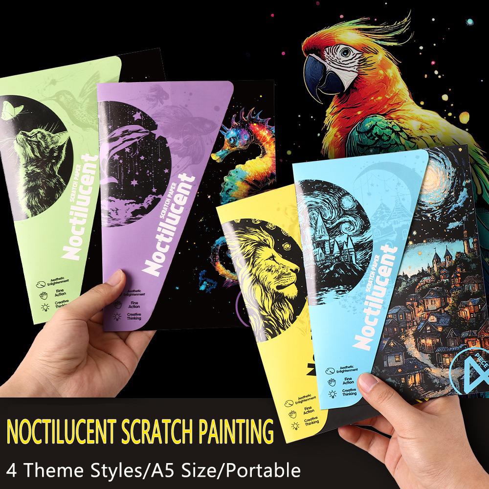 4 Pcs/Set A5 Noctilucent Diy Scratch Painting Castle Lanscape Cute Animal Night View Manual Scratch Painting Drawing