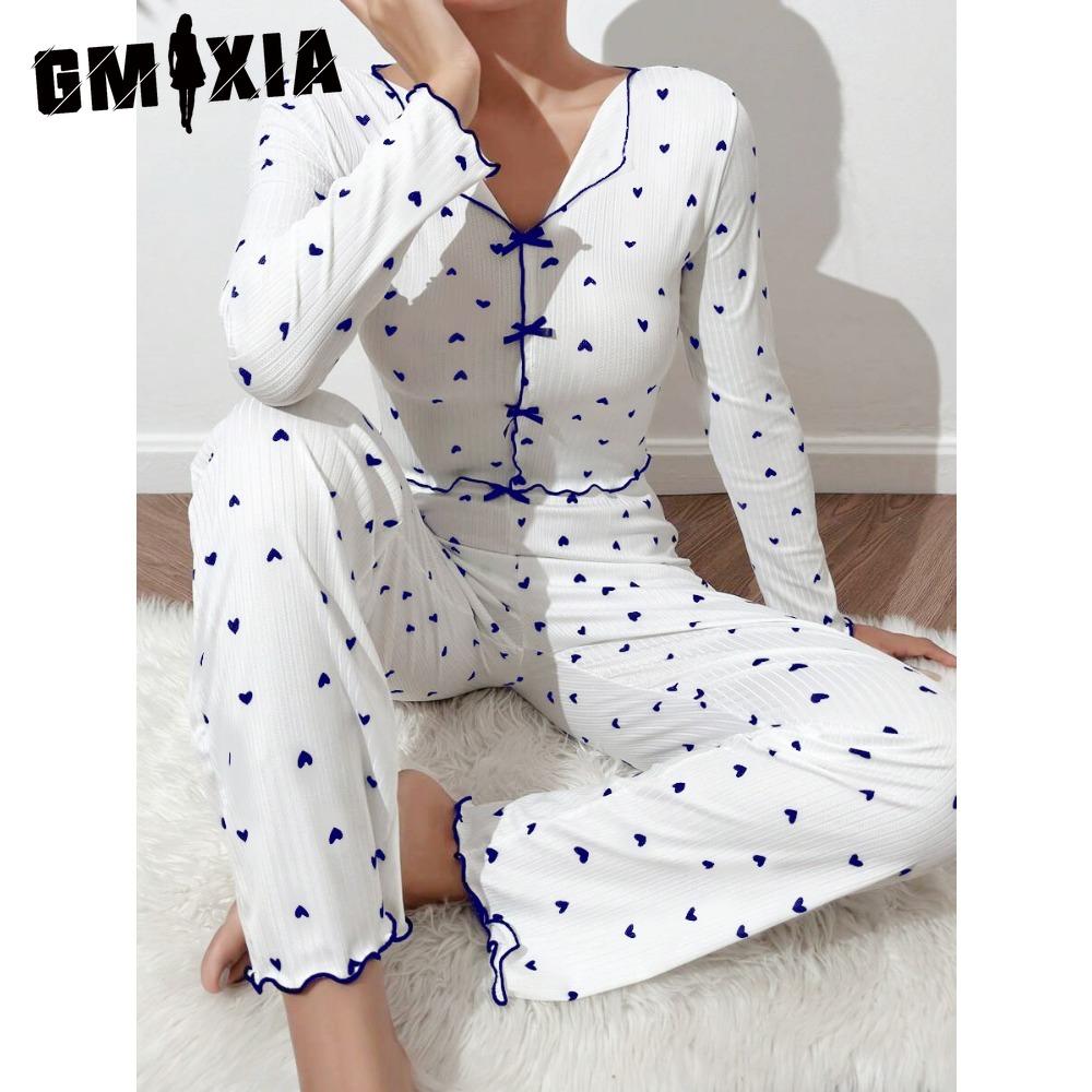 GMXIA Homewear Love Print Long-sleeved Lapel Pyjamas Women Can Be Worn Outside Trousers Two-piece Set