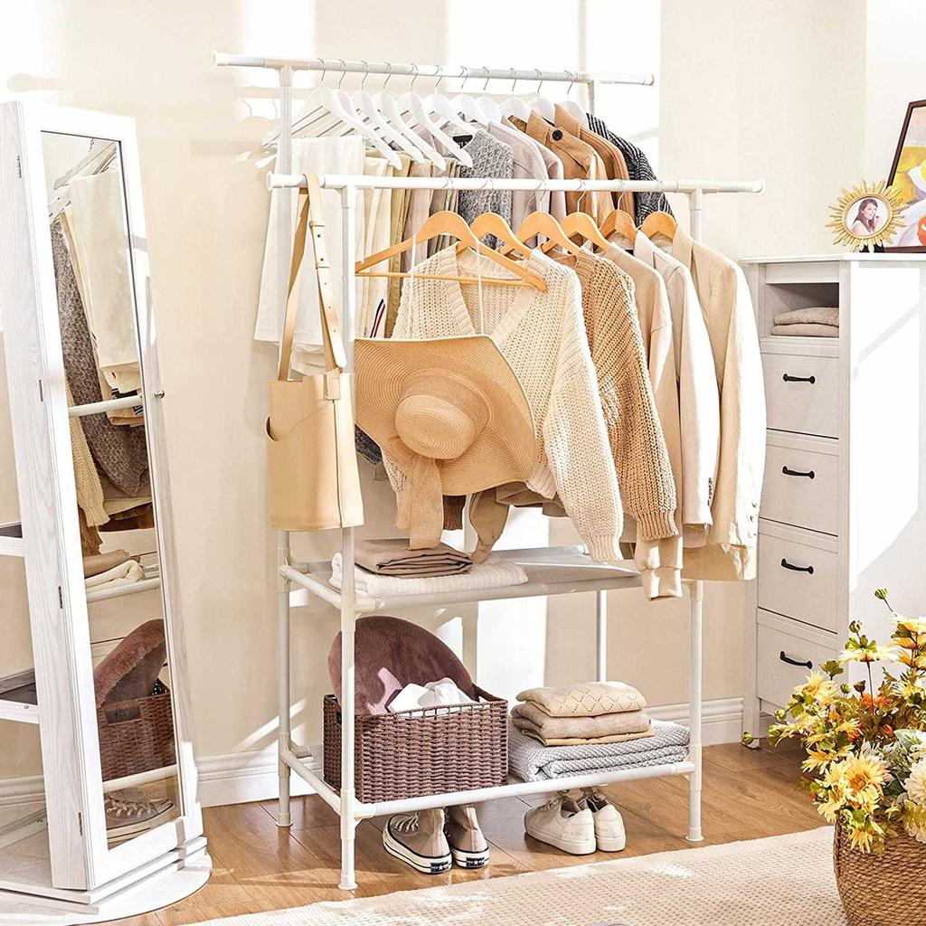 SONGMICS Clothes Rack, Metal Clothing Stand with 2 Hanging Rails and 2 Storage Shelves, Max. Load 70 Kg, Easy Assembly, White
