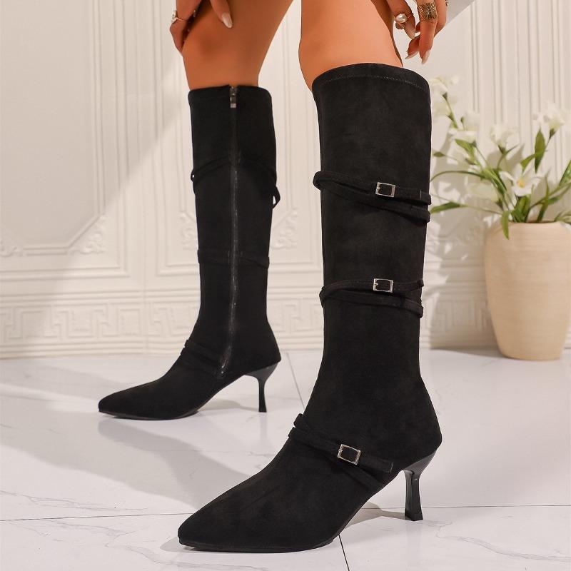 Women's Tall Skinny Boots Fall New Pointed Toe Suede Side Zip Belt Buckle Slim Follower Boots