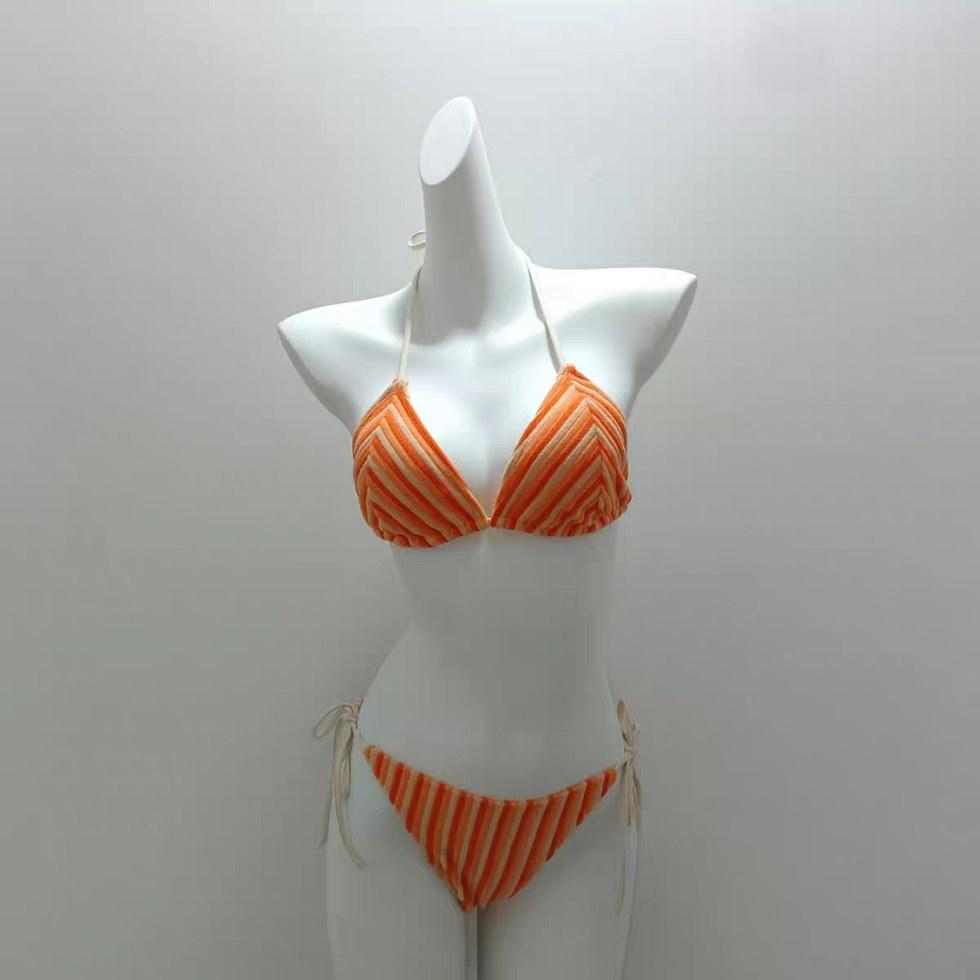 Orange striped neck strap bikini swimsuit women's three-piece set, Korean ins hot spring sexy babes vacation style