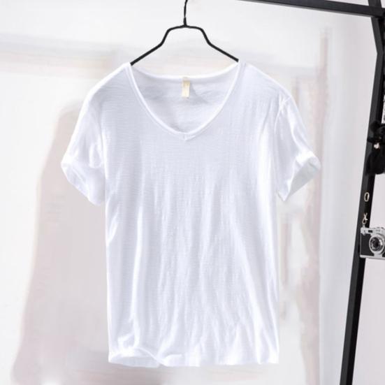 Summer Men Thin Breathable T-shirt V-neck Short Sleeve Solid Color Casual Basic Tees Casual Bottoms Pullover Tops