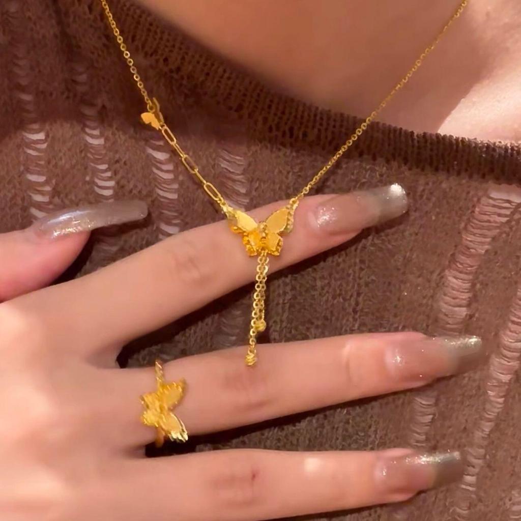 Gold Plated Fairy Butterfly Tassel Necklace - Women's Luxury Clavicle Choker Accessories