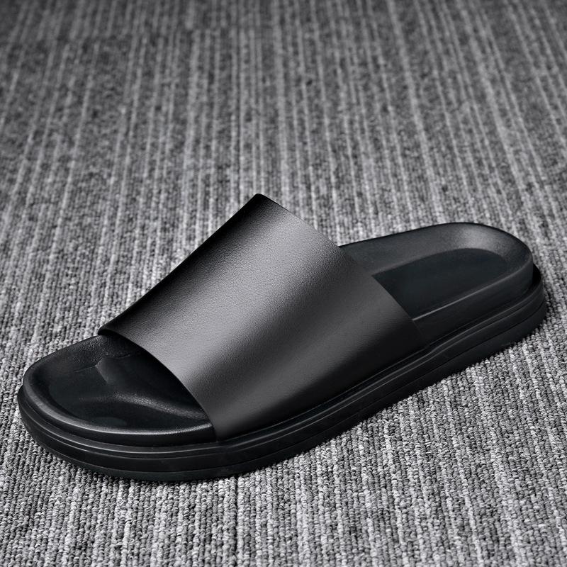 Neue Echtleder Hausschuhe Herren Dicke Sohlen Rutschfeste Flip-Flop Sandalen für Herren Mode Lässig Schwarze Sommerschuhe Herren