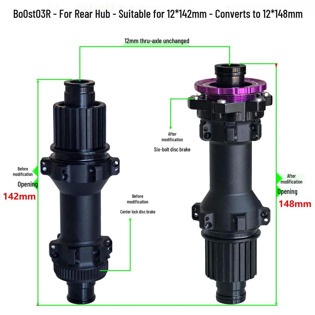 BOOST Center Lock Disc Brake Hub Conversion Kit: Front 100mm 15x110mm Rear 142mm 12x148mm with Washers/Spacers.