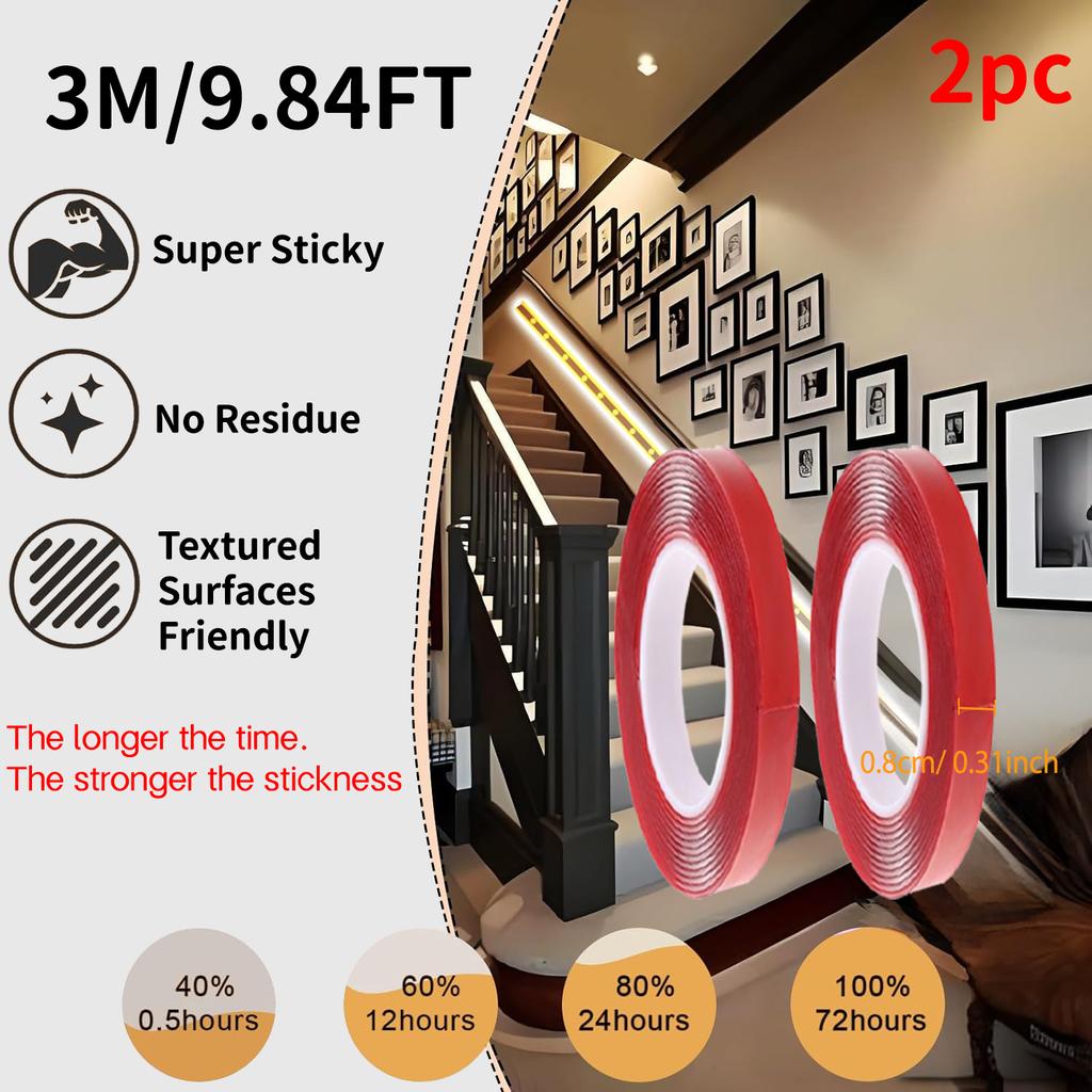Red Acrylic Double-Sided Tape, Transparent, Strong Adhesive, No Trace, 6mm–30mm, for Phone, LCD, and Car Use
