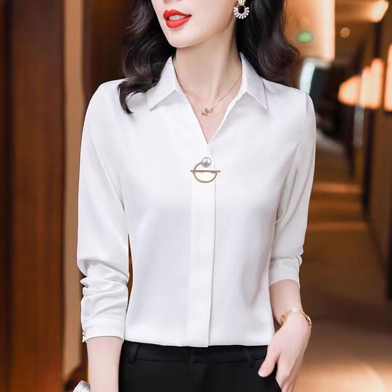 Elegant Women Chiffon Blouse Temperament Turndown Collar Office Lady Shirt Streetwear Casual Solid Color Tops Clothing