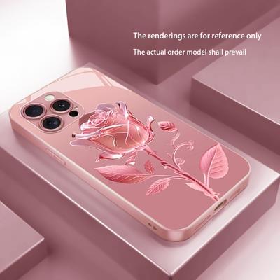 Crystal Pink Rose Pattern Metallic Tempered Glass Phone Case For iPhone 17 Pro Max 16 15 14 13 12 11 Pro 15 Plus 17Air 17E Cover