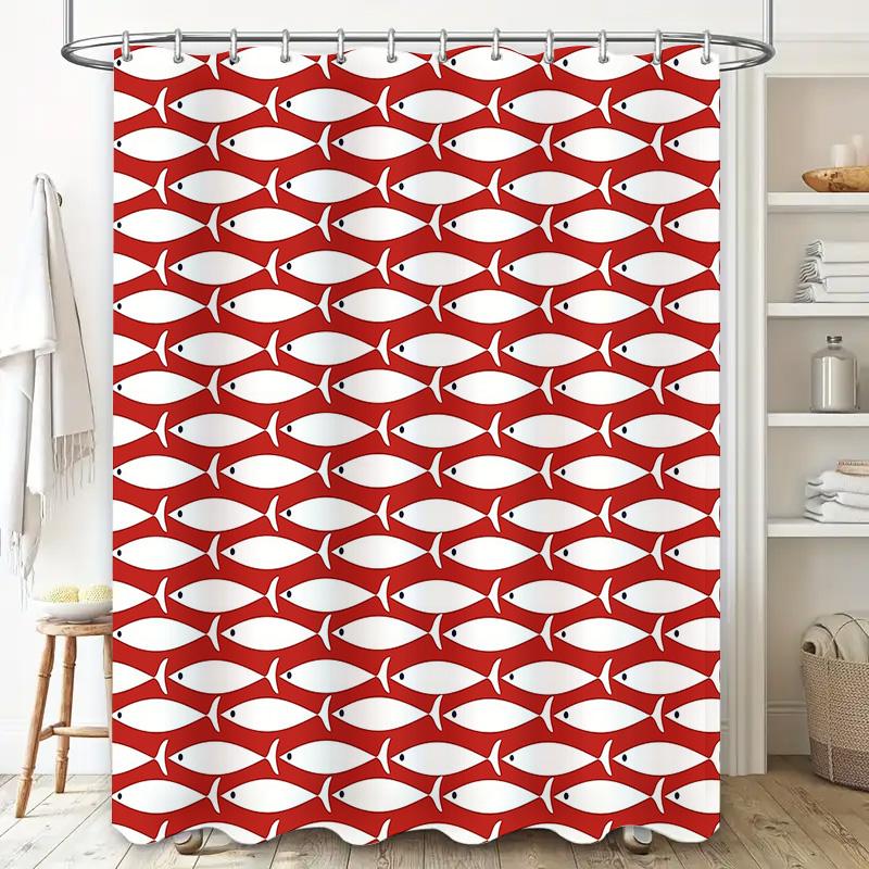 Fish Shower Curtain Red White Pattern Ocean Sea Animal Bathroom Decor Waterproof Modern Coastal Home Textile Washable