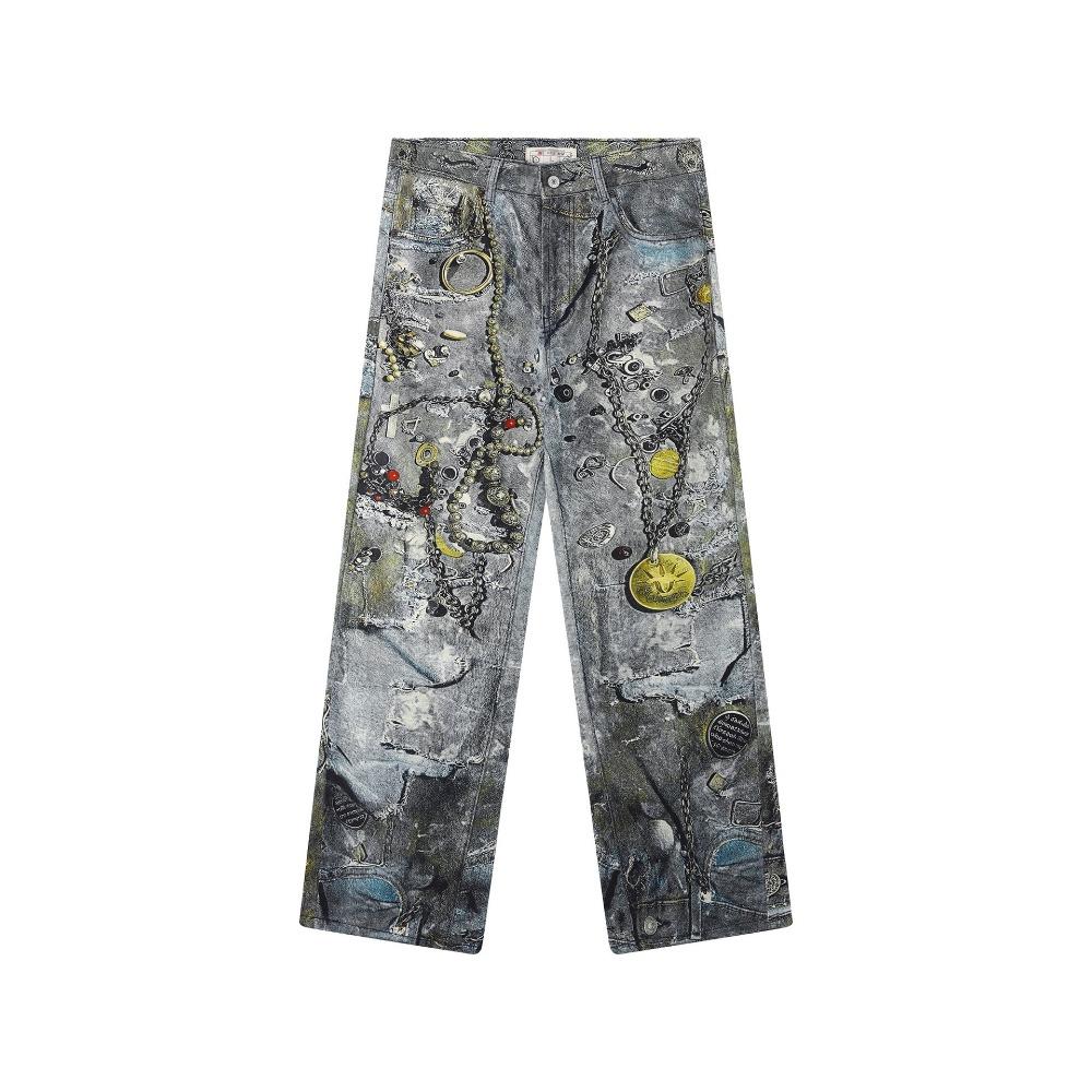 ZYLLO Herr Hög Street Oversized Hip Hop Jeans Byxor 3D-tryckta Vintage Denimbyxor Mode Streetwear Målade Raka Jeans