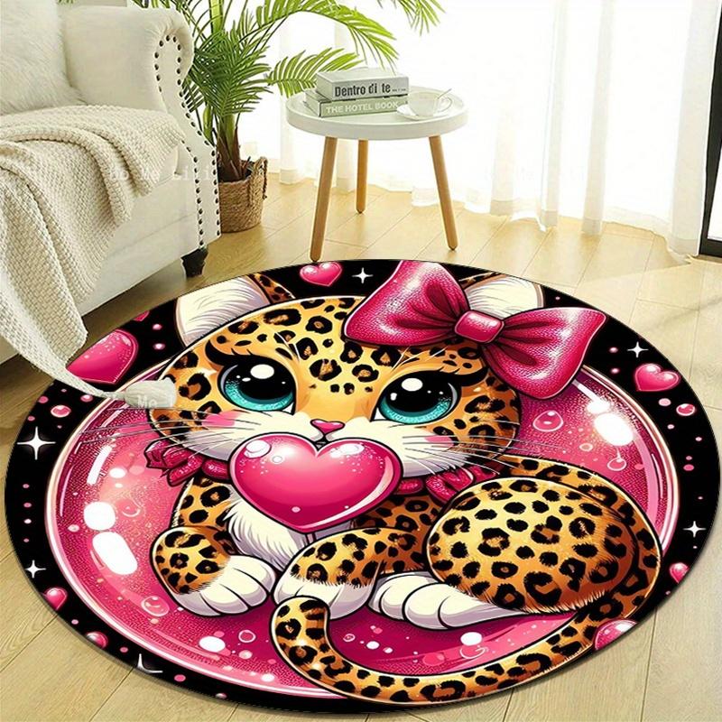 Cheetah Love Printed Round Area Rug, Crystal Velvet, Non-Slip Mat, Polyester Chair Pad for Bedroom, Living Room, Home Decor, 3D Effect