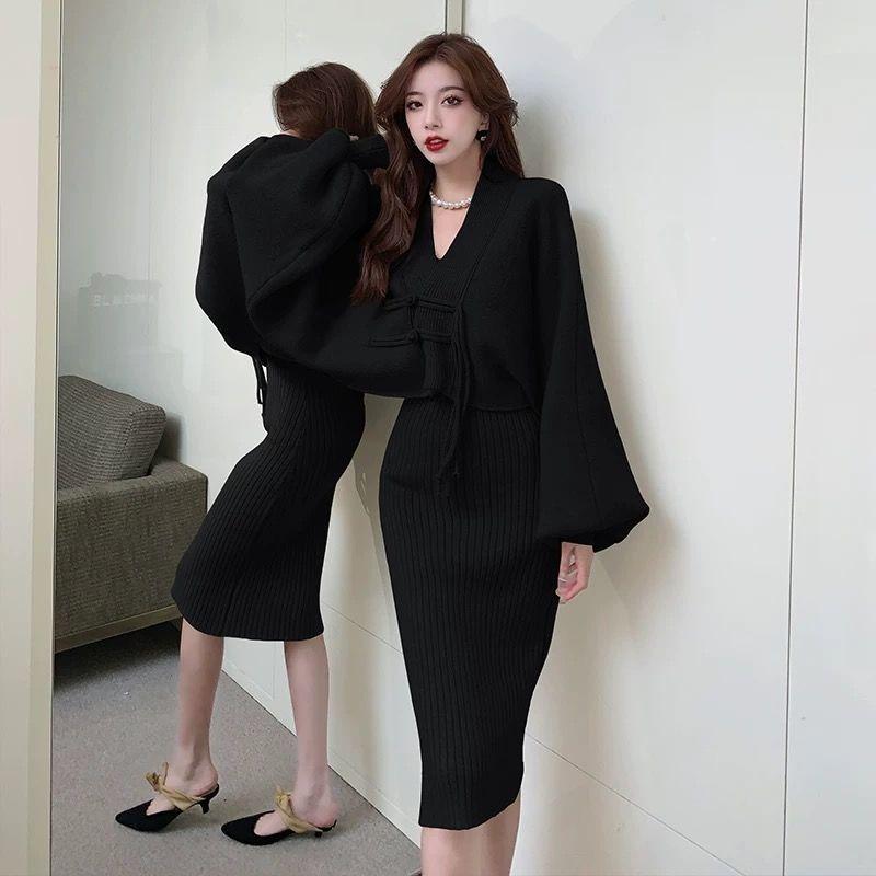 Retro Knitwear Two Piece Set for Women's Autumn/Winter Lazy Style Strap Gentle Sweater Cardigan Coat