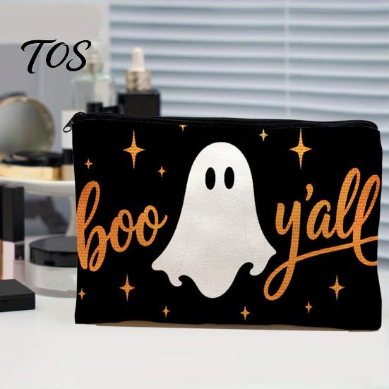 Durable Data Cable Organizer Cosmetic Bag, Halloween Pattern Print Makeup Canvas Student Stationery Pencil Pouch Zipper Pouch, for Change Storage Cute