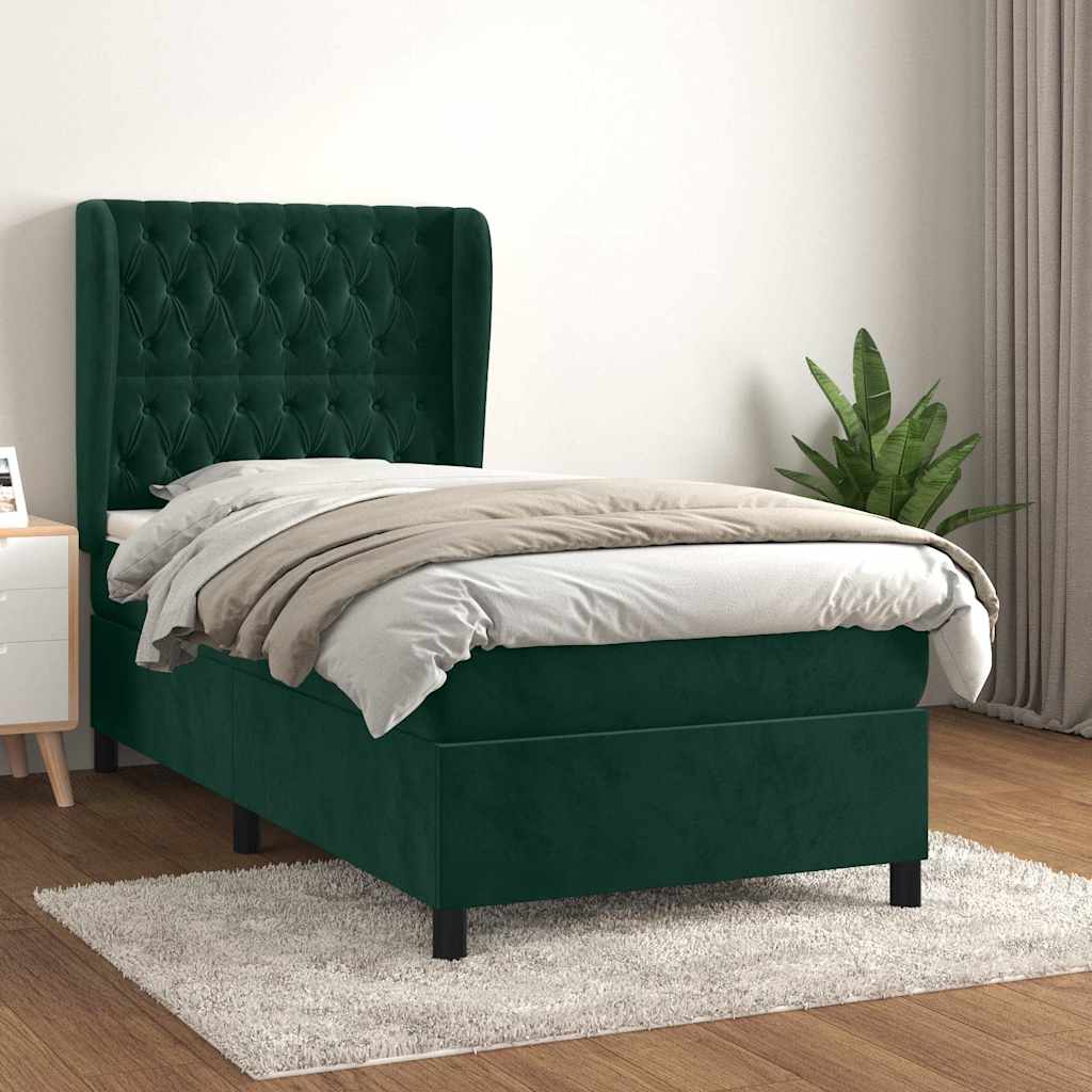 Box Spring Bed with Mattress Dark Green 90x200 Cm Velvet