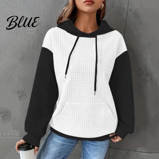 Drawstring Hooded Sweatshirt Fall Winter Women Hoodie Color Matching Waffle Texture Long Sport Top Sleeveless Big