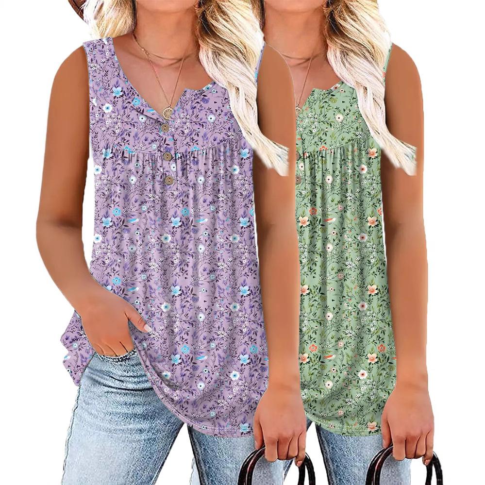 Women s V Neck Sleeveless Floral Print Peplum Tank Top Loose Fit Casual Summer Blouse 0XL