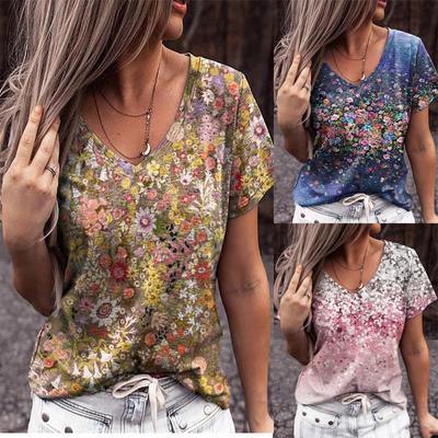 Frauen Tops Rundhals Abstrakte Retro Druck Straße Kurzarm Multi-farbe Lose T-shirt