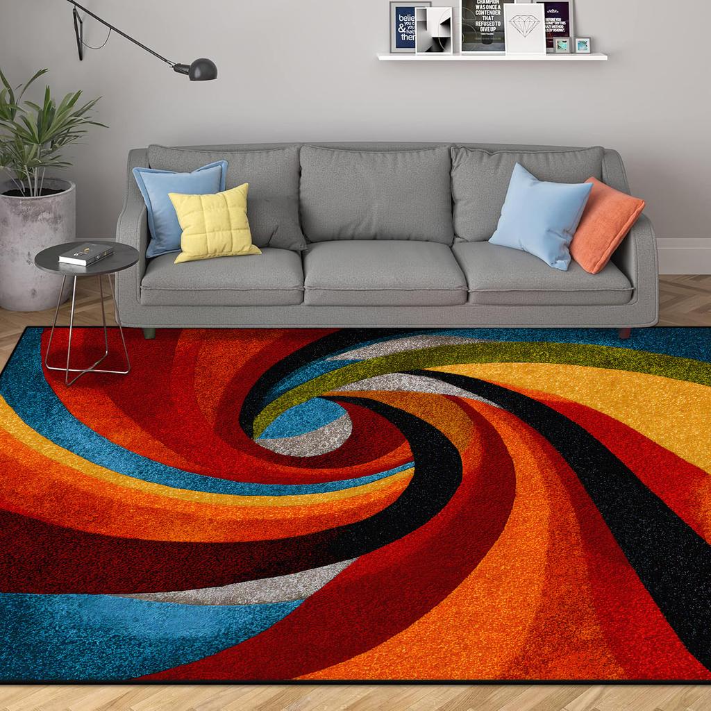 Abstract Modern Geometric Area Rugs Bedroom Living Room Non-slip Floor Mat with Vortex Red Orange Dining Room Carpet Washable