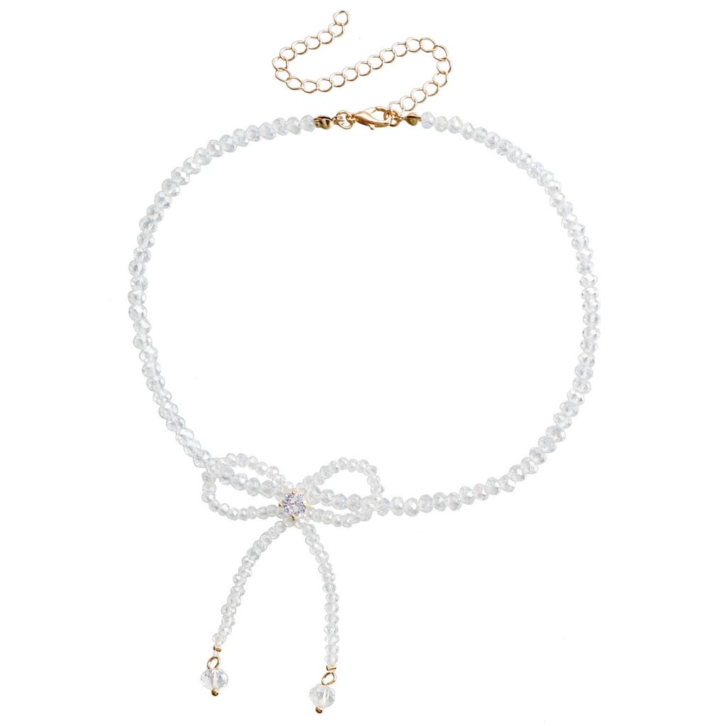 Fashion Trend Full of Pearl Fringed Temperament Necklace with Diamonds Bow Super Fairy Collarbone Chain