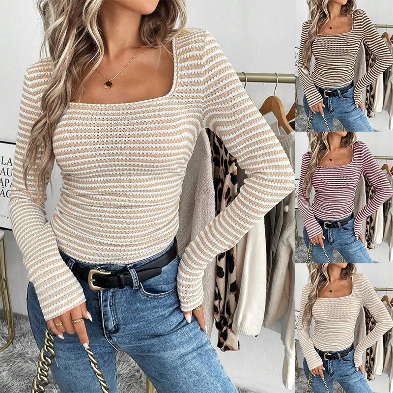 Real European and American 2025 new women's T-shirt square neck pullover slim-fitting knitted long-sleeved bottoming shirt