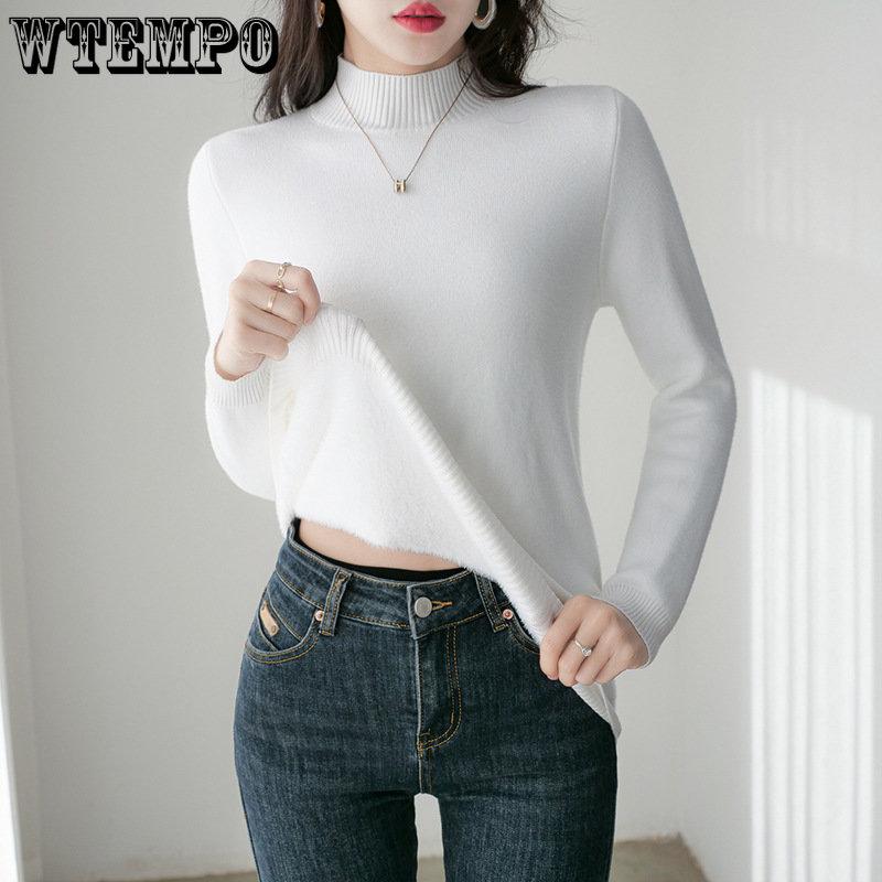 Women Winter Plus Velvet Warm Sweaters Solid Casual Fleece Lined Jumpers Korean Half High Collar Slim Thick Knitted Pullovers