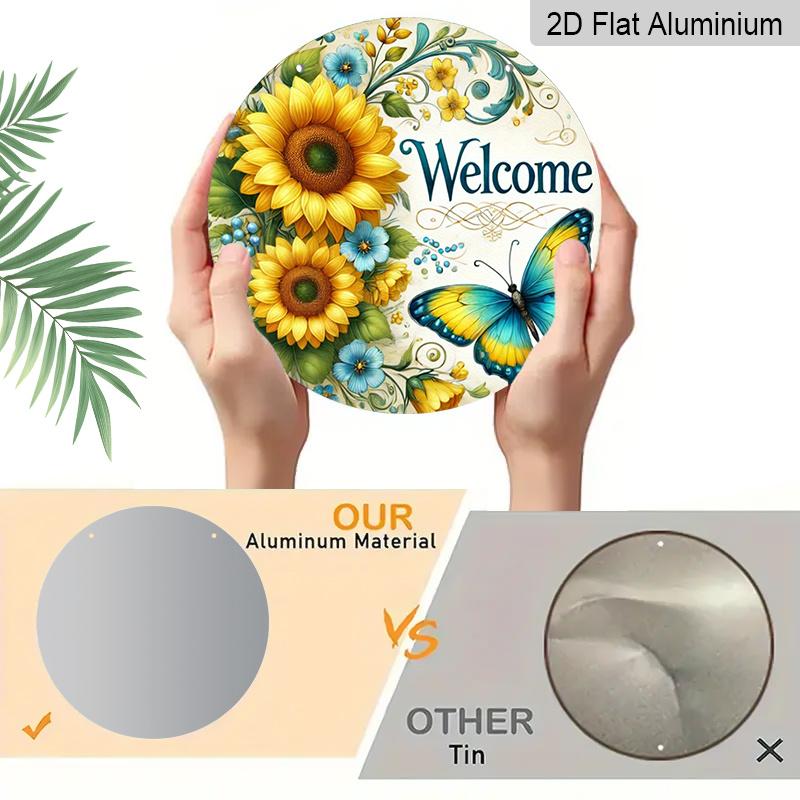 2D Flat 1pc, 8x8 in Vintage Sunflower & Butterfly Round Aluminum Metal Sign – Rustic Welcome Design for Home, Garden, Cafe, and Farmhouse Decor